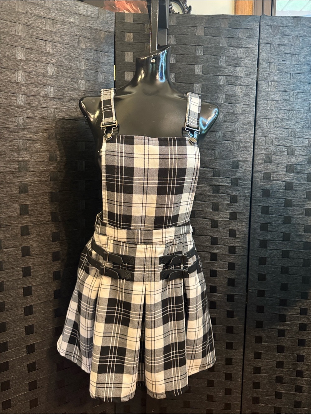 Hot Topic Plaid Overall Jumper Skirt Sz M Black White